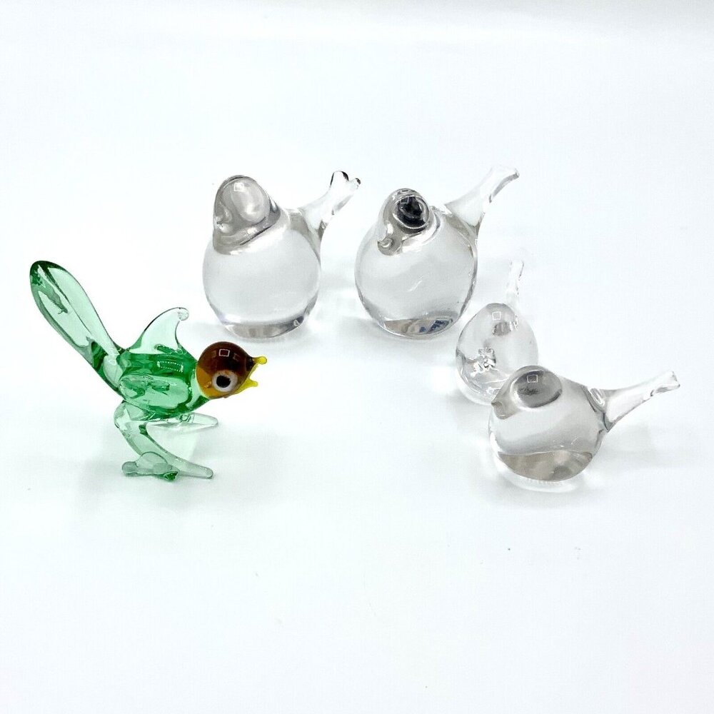 Murano Style Glass Bird Colorless & Green Clear Figurine Vintage Small Lot Of 5